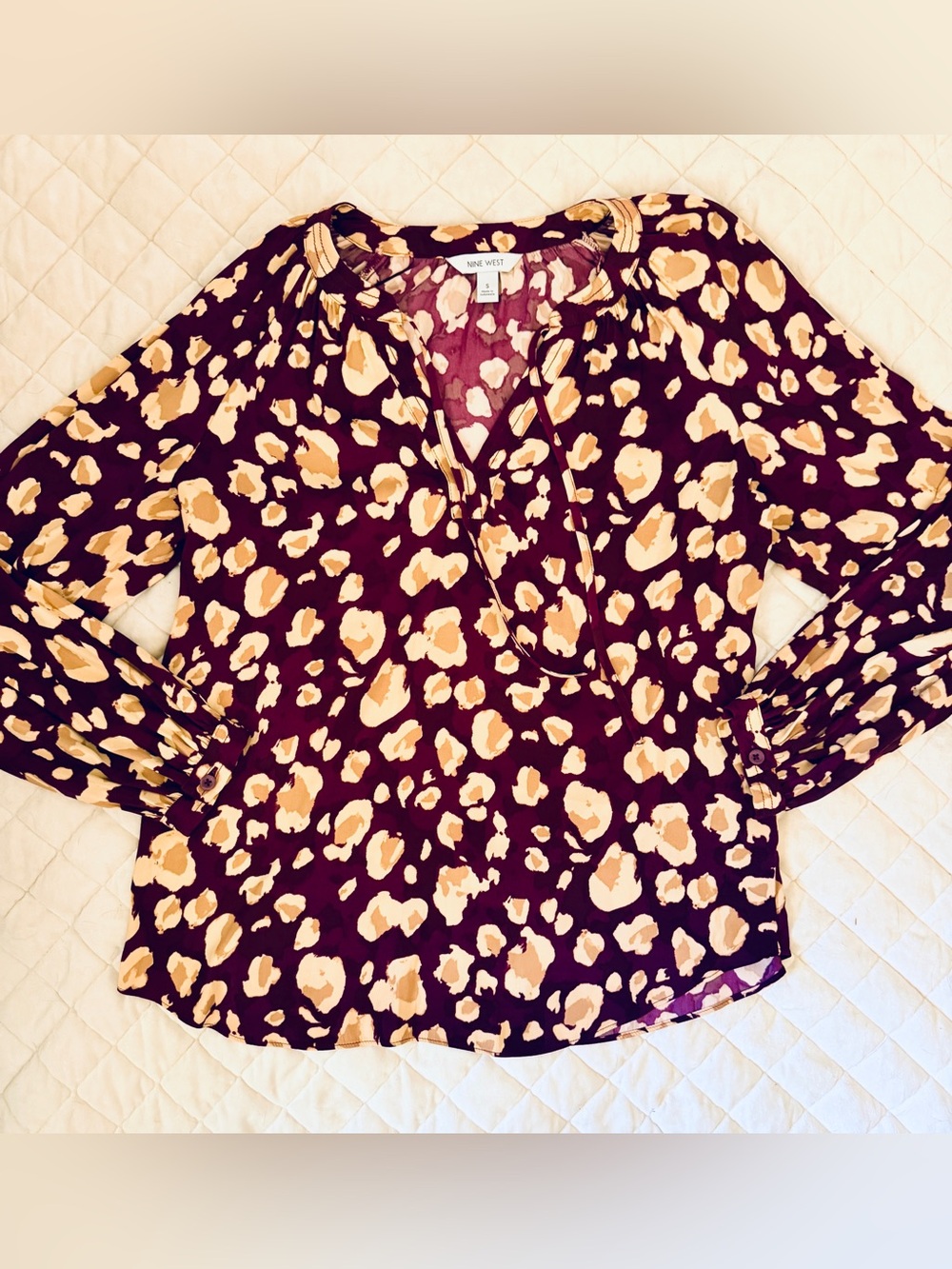 Nine West Burgundy and Beige Leopard-Print V-Neck Long Sleeve Blouse